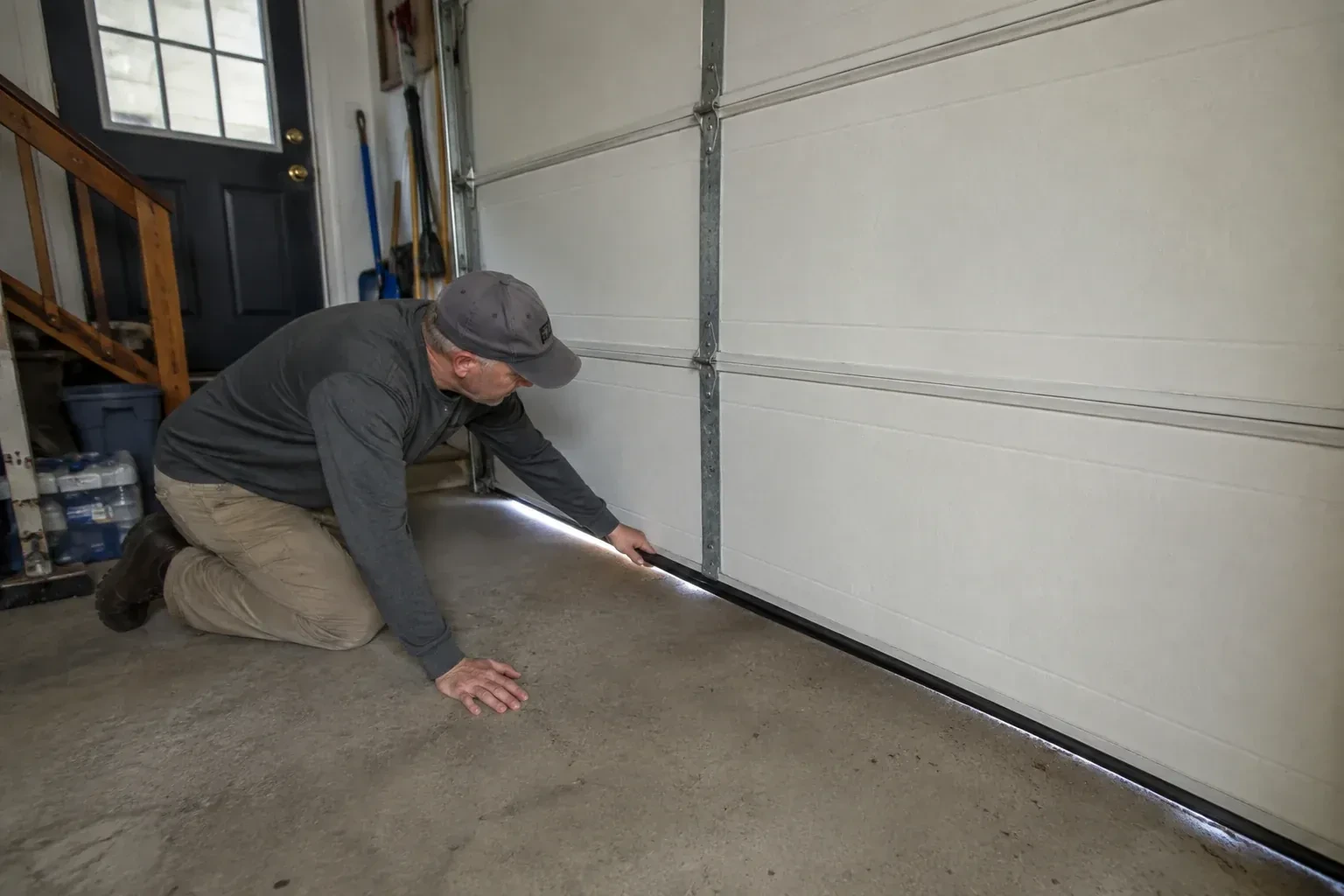A person kneels beside the black bottom seal of a garage door, with daylight visible beneath the edge. — Garage Door Bottom Seal Replacement, Toronto