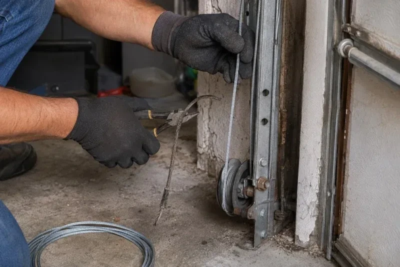 Gloved hands holding a bright cable and pliers gripping a frayed cable beside a garage-door track and pulley. — Garage Door Cable Replacement, Toronto