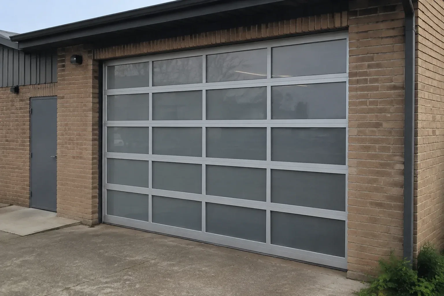 Closed glazed sectional door in a grey metal frame at a brick workshop. — Full-View Glass Garage Door Installation, Toronto