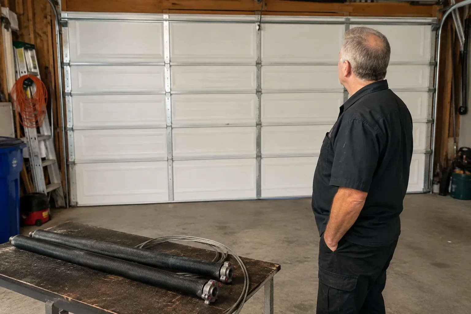 Detached coil springs with end fittings and a cable rest on a bench in front of a closed garage door. — Torsion Spring Replacement, Toronto