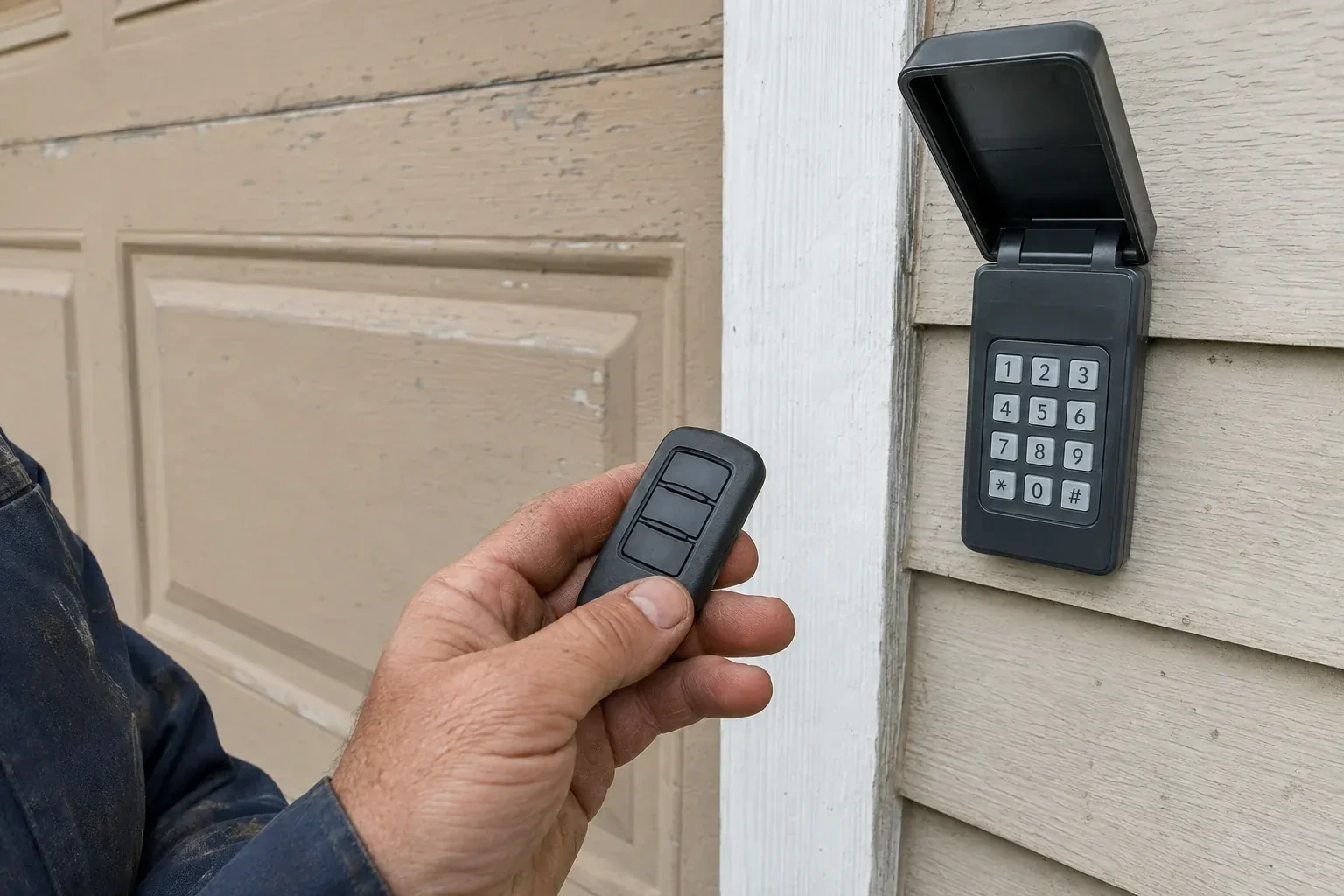 A hand holds a three-button remote beside an exterior garage keypad with its cover open. — Garage Door Remote and Keypad Programming, Toronto