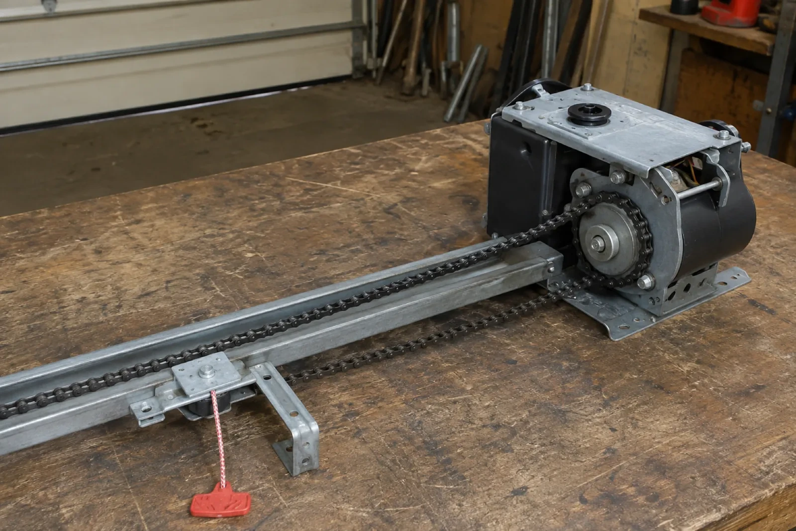 Garage door opener motor with a chain, a metal rail and a red pull handle lying on a worn workbench. — Willowdale